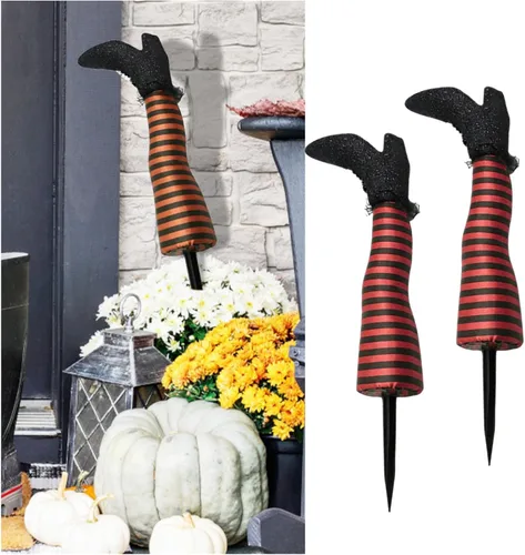 Miniatura 9 de Estacas de pata de bruja para patio, 1 par de patas de bruja malvadas de Halloween boca abajo, decoración de jardín, pata de bruja protésica