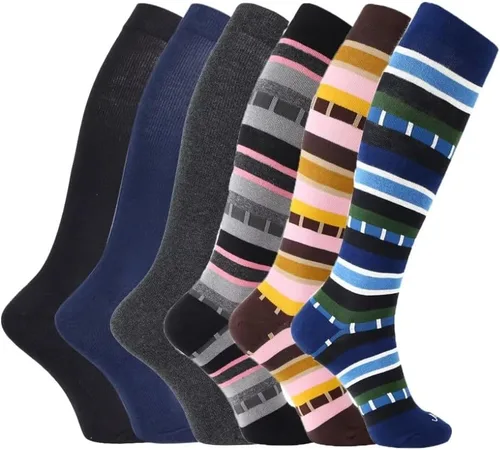 Miniatura 6 de ja vie Calcetines deportivos de compresión con rayas texturizadas de algodón hasta la rodilla para mujeres y hombres, correr, embarazo, viajes