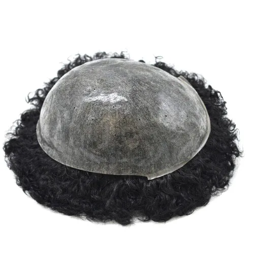 Miniatura 2 de Afro Toupee para hombres negros, rizado brasileño, pieza de cabello humano afroamericano afro ondulado para hombres, extensiones de pelo de piel