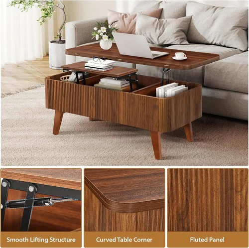 Miniatura 6 de Mesa de centro elevable 3 en 1, mesas de centro convertibles acanaladas que se convierten en mesas de comedor, moderna mesa central de madera Nuez 3