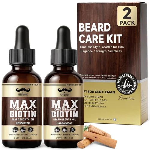 Biotin - Juego de 2 aceites para barba sin perfume y sándalo mezclado con aceite de ricino y semillas de uva para una barba más gruesa, suave e