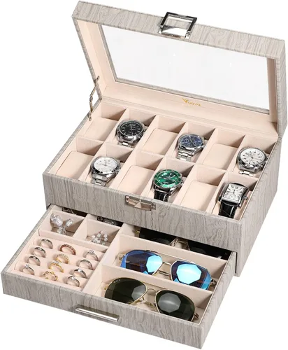 Voova Caja Organizadora de Relojes y Joyas para Hombres y Mujeres, Estuche de Almacenamiento de Relojes de Cuero con 12 Compartimentos, Soporte