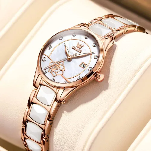 Miniatura 3 de OLEVS Relojes para mujer, oro rosa, de dos tonos, de moda, de cerámica, blanco, esfera rosa, roja, acero inoxidable, fecha impermeable