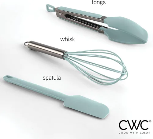 Miniatura 6 de COOK WITH COLOR - Juego de pinzas de cocina y barbacoa de acero inoxidable con punta de silicona, 3 piezas de utensilios, verde Menta