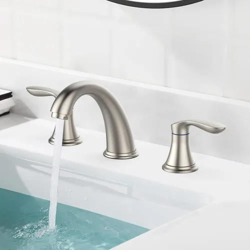 Miniatura 5 de Grifo de lavabo de baño, grifo para lavabo de baño, grifo de baño de níquel cepillado extendido de 3 orificios con desagüe emergente de acero