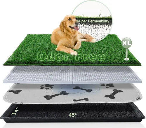 HQ4US 4LEGS Almohadilla de césped para perros con bandeja, extra grande de 45 x 34 pulgadas, almohadilla de césped artificial ultra absorbente para