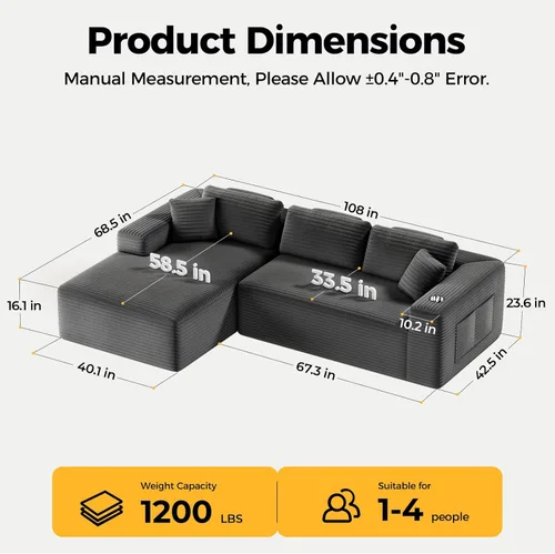 Miniatura 2 de CAMMOO Sofá modular Cloud de 108 pulgadas en una caja, sofá modular comprimido con asiento profundo, sofás de pana sin hueso, sofá en forma de L Gris