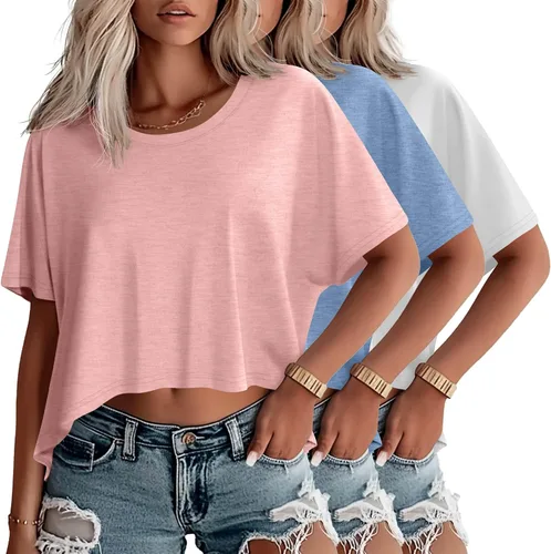 Miniatura 22 de Huukeay Paquete de 3 camisetas recortadas de gran tamaño para mujer, manga corta, holgadas, cuello redondo, holgadas, para entrenamiento