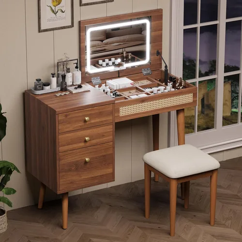 Mid-Century - Escritorio moderno con espejo abatible y luces, mesa de maquillaje marrón de 39 pulgadas con 3 cajones, 10 compartimentos, taburete de