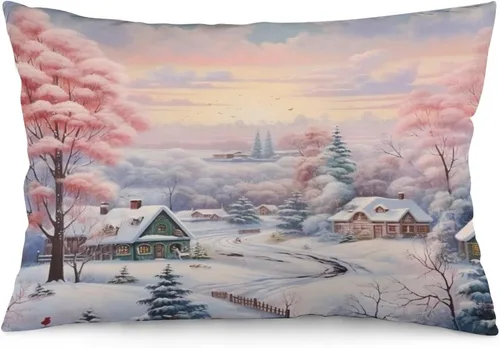 Miniatura 20 de Funda de almohada con escena de pueblo navideño con niños, fundas de almohada de 12 x 20 pulgadas, almohadas decorativas de Navidad para sofá, funda