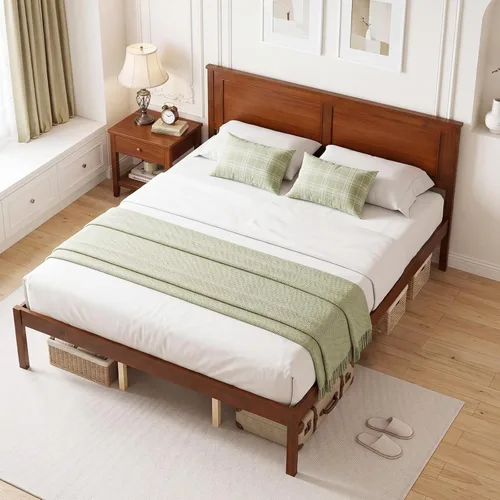 Miniatura 14 de Giantex Marco de cama de madera individual con cabecero, plataforma moderna de mediados de siglo con soporte de listones de madera, base de colchón