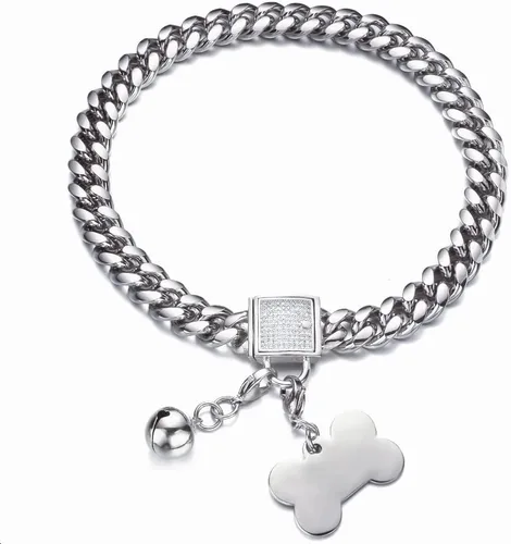Miniatura 8 de Collar plateado para perro, collar de cadena de eslabones cubanos con hebilla de circonita, etiqueta de identificación y campana, a prueba