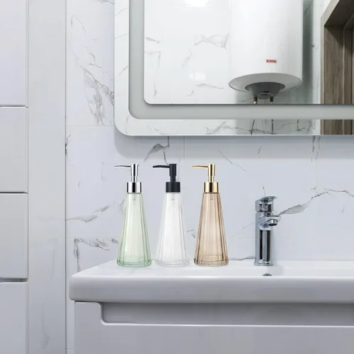 Miniatura 3 de IVAILEX Dispensador de jabón de manos de 10 oz/10.1 fl oz para baño, dispensador de jabón de cocina, dispensador de jabón de vidrio con bomba dorada
