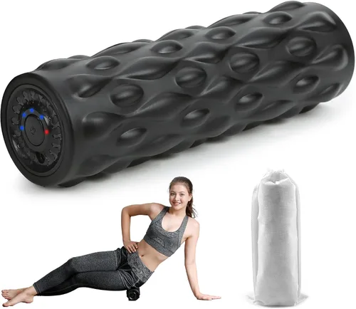 Miniatura 9 de Rodillo de espuma vibratoria de alta densidad azul con 4 velocidades personalizables para masaje de tejido profundo, recuperación muscular y alivio