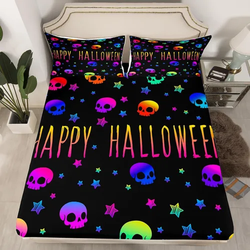 Miniatura 17 de Erosebridal Sábana bajera ajustable de Halloween, diseño de calabaza de dibujos animados, diseño de arco iris para niños, niñas, adolescentes
