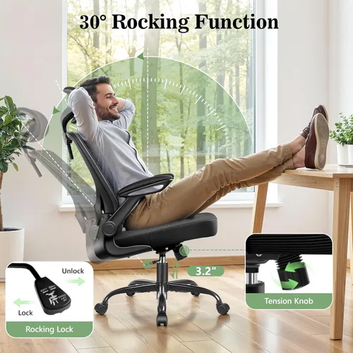 Miniatura 9 de BESTFAIR Silla de oficina ergonómica, sillas de oficina de malla transpirable con soporte lumbar ajustable, brazos abatibles, silla de escritorio
