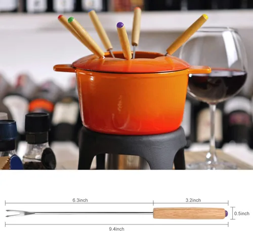 Miniatura 3 de STYDDI Tenedor para fondue, 18 tenedores de acero inoxidable para fondue de codificación de color con mango de madera para fuente de chocolate