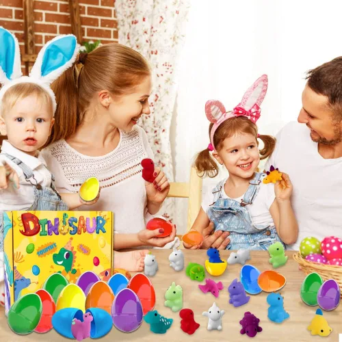 Miniatura 6 de JOICEE 24 huevos de Pascua rellenos de dinosaurio, juguetes esponjosos Kawaii Mochi Squishies para aliviar el estrés, huevos de Pascua de plástico