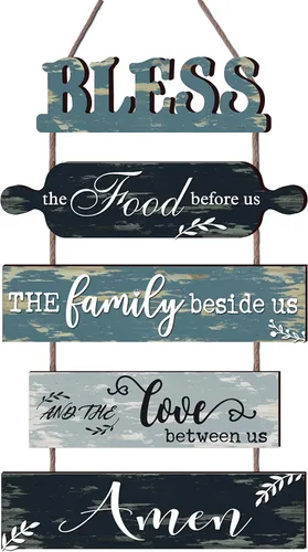 Buecasa Bendice los alimentos que están delante nuestro - Letrero de pared de cocina de granja, decoraciones para comedor, arte de collage en color