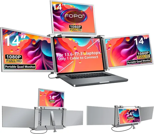 14" Monitor Portátil Extensor de Pantalla para Laptop, Monitor Cuádruple, Solo 1 Cable para 3 Pantallas, Extensor de Laptop FHD 1080P IPS Compatible
