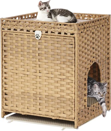 Caja de arena para gatos con alfombrilla de arena suave; muebles ocultos de baño para gatos con puerta; casa de gato de ratán tejida a mano; jaula