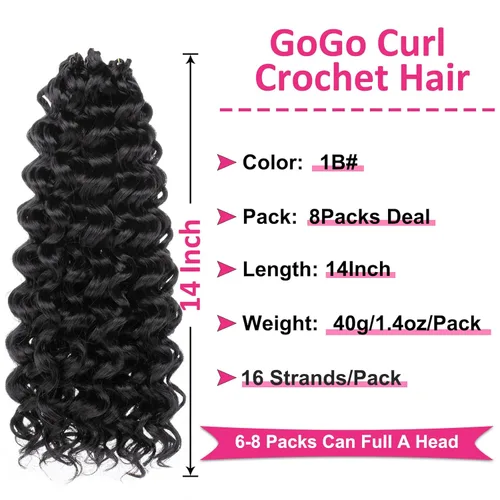 Miniatura 2 de Unionbeauty - Paquete de 8 mechones rizados con ganchillo GoGo, rizos de agua para mujer negra, rizos de playa, extensiones de cabello rizado 1b#