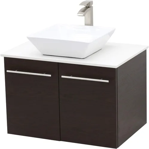 Juego de lavabo flotante para montaje en pared, tocador marrón oscuro, fregadero de cerámica para encimera de piedra plana blanca, 24 pulgadas