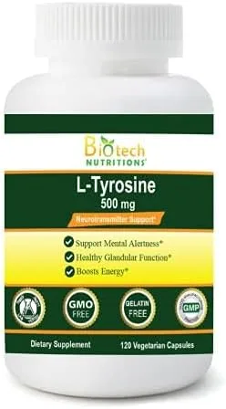 L-tirosina 500 mg 120 cápsulas vegetales fabricadas en Estados Unidos sin OMG, tirosina libre de gelatina