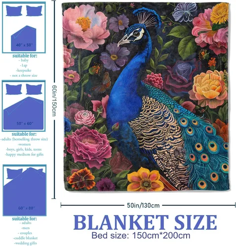 Miniatura 2 de Manta floral de pavo real, 40 x 50 pulgadas, mantas de pájaros exóticos para decoración de dormitorio, manta de franela de jardín, regalos