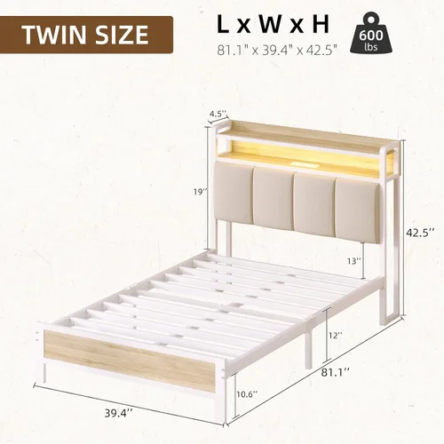 Miniatura 2 de IMMERSTABLE - Base de cama individual con cabecero de almacenamiento, marco de cama de plataforma metálico individual con luces LED y estación