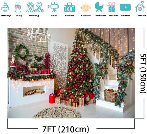 Miniatura 3 de AIIKES Telones de fondo de Navidad de 7 x 5 pies para fotografía, chimenea, fotografía de Navidad, fondo interior, árbol de Navidad, regalo