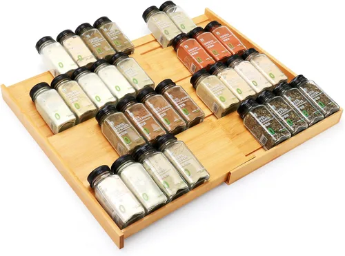 Organizador de cajones de especias de bambú, (necesita cajón de 3.1 pulgadas de profundidad), estante de especias expandible de 4 niveles para