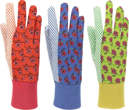 Guantes de jardinería para mujer, jersey de algodón suave, estampado floral, agarre de puntos de PVC, cómodos y duraderos, multicolor, verde, rojo,