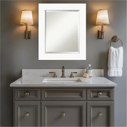 Miniatura 8 de Amanti Art Espejo de tocador de baño de 26 x 22 pulgadas, color blanco, pequeño, moderno, contemporáneo, marco de pared, vidrio biselado, colgante