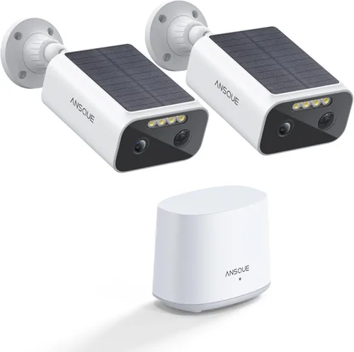 Cámaras de seguridad solar ANSQUE inalámbricas para exterior, kit de 2 cámaras, sistema de cámara de seguridad para el hogar 2K, batería de vida