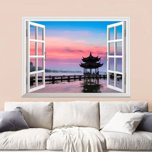 Miniatura 36 de wall26 Adhesivo de pared extraíble/mural de pared, hermoso Hangzhou al atardecer, silueta de pabellón antiguo en el lago del oeste, vista creativa
