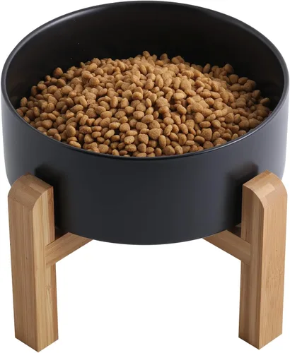 Cuenco negro elevado/alzado de cerámica para perros con soporte de madera para razas medianas y grandes, plato de comida y agua para perros pesado