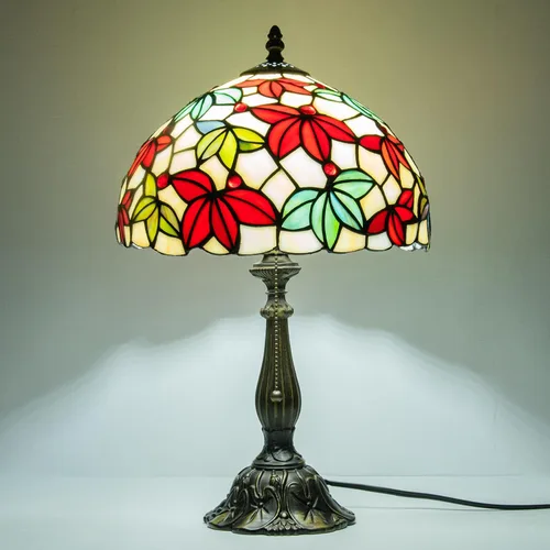 Miniatura 13 de Tiffany Style Stained Glass Table Lamp, Floral Pattern Desk Light with Antique Bronze Resin Base, Red Roses Decorative Lighting for Bedroom, Living