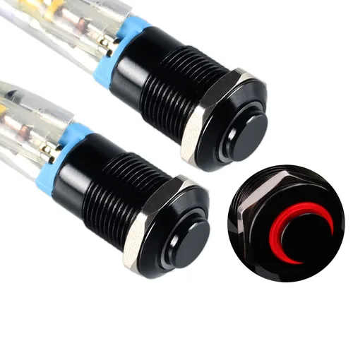 Miniatura 12 de 2 interruptores de botón de metal con pestillo de 0.472 pulgadas, cabeza elevada de 12 V-24 V, 4 pines de encendido y apagado, 1 no, carcasa negra