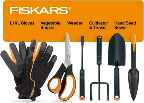 Fiskars Juego de herramientas de jardín de verduras con tijeras de verduras, sembrador de semillas, paleta, cultivador, desbrozadora y guantes de