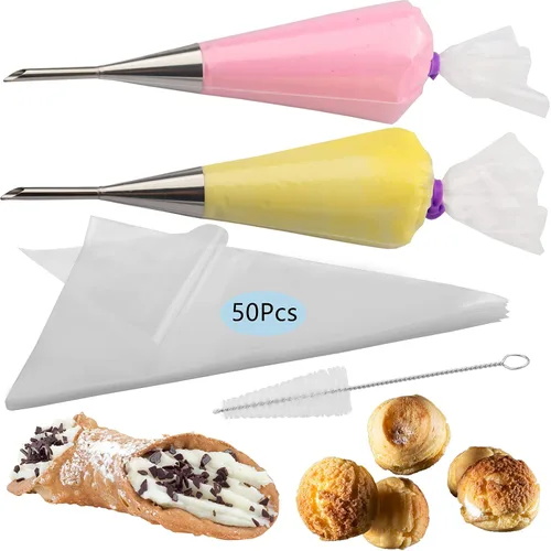 2 boquillas de acero inoxidable para glaseado en crema, punta de boquilla larga con 50 bolsas desechables para pastelería, kit de llenado de
