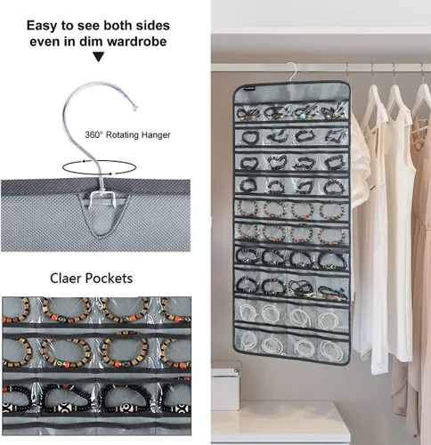 Miniatura 6 de Organizador de joyas colgante de doble cara con 40 bolsillos y 20 bucles de gancho, organizador de joyas para aretes, pulseras, anillos con colgador