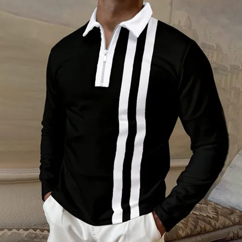 Miniatura 2 de Contrast Color Polo Shirts for Men Quarter Zipper Golf Pullover Long Sleeve Collared Shirts Cotton Blend Tops Shacket