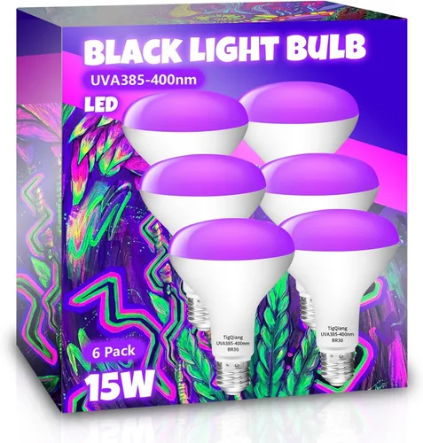 Miniatura 8 de TigQiang Paquete de 6 bombillas negras, equivalente a 120 W, bombilla LED negra E26 BR30 de 385-400 nm para decoraciones de Navidad de Halloween