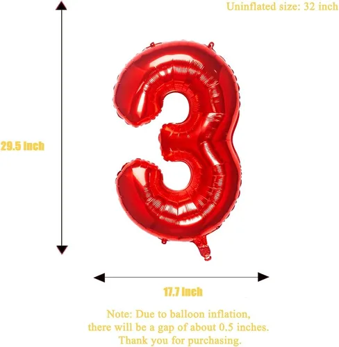 Miniatura 4 de Globos rojos de 32 pulgadas con el número 3 de aluminio, suministros de decoración de fiesta de cumpleaños (globo rojo del número 3)