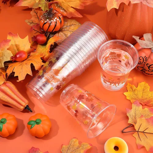 Miniatura 5 de Meanplan 100 vasos de plástico de Acción de Gracias a granel de 12 onzas, vasos desechables de otoño, hojas de calabaza, pavo, vasos transparentes