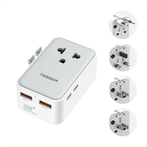 TESSAN Adaptador de viaje universal PD 25W, adaptador de corriente internacional ultrafino, cargador rápido, adaptador de enchufe mundial con 2 USB
