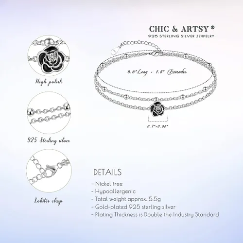 Miniatura 100 de CHIC & ARTSY Tobilleras delicadas de plata de ley S925 para verano, pulsera de tobillo ajustable multicapa para playa, joyería de pie para mujer