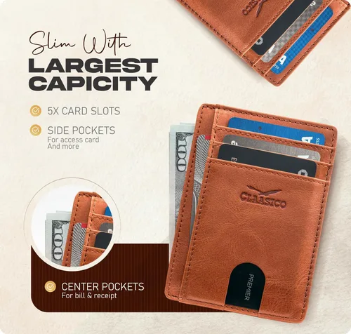 Miniatura 2 de Claasico Billetera pequeña de bolsillo frontal para hombre con bloqueo RFID, de cuero genuino, tarjetero