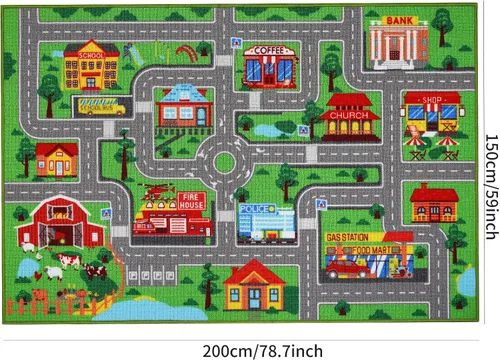 Miniatura 2 de Alfombra de juego para niños, alfombra de autos para niños, alfombra antideslizante con diseño de mapa de ciudad para niños, alfombra para sala